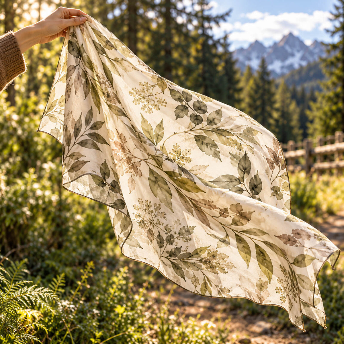 Na zdjęciu wykonanym na świeżym powietrzu widać dłoń trzymającą jasny szalik w kwiatowy wzór, przez który prześwitują promienie słońca. W tle widać sosny, drewniane ogrodzenie i odległe góry.